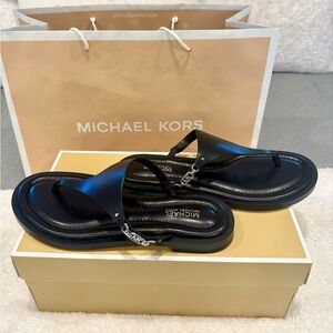 NWT/Box Michael Kors Black Leather Sandals with Silver Chain 6.5